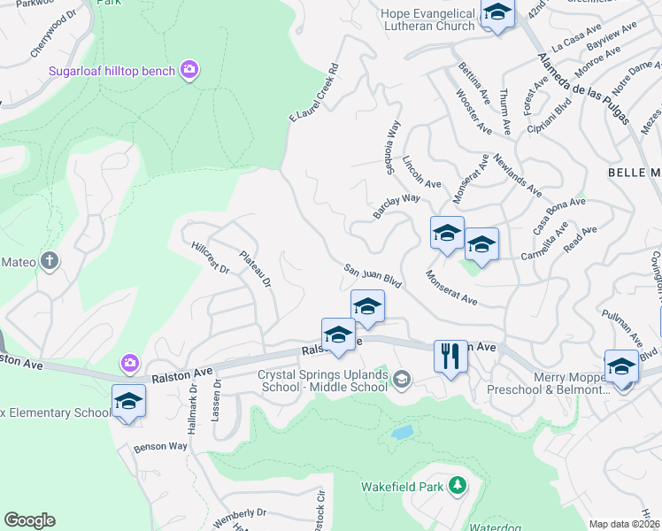 map of restaurants, bars, coffee shops, grocery stores, and more near 2937 San Juan Boulevard in Belmont