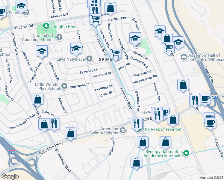 map of restaurants, bars, coffee shops, grocery stores, and more near 4113 Colby Street in Fremont