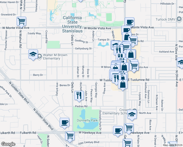 map of restaurants, bars, coffee shops, grocery stores, and more near 2417 Andre Lane in Turlock