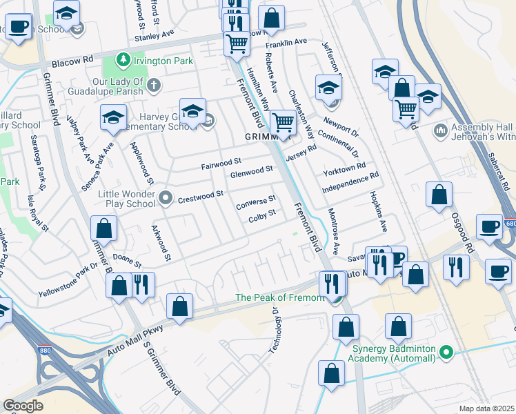 map of restaurants, bars, coffee shops, grocery stores, and more near 4152 Converse Street in Fremont