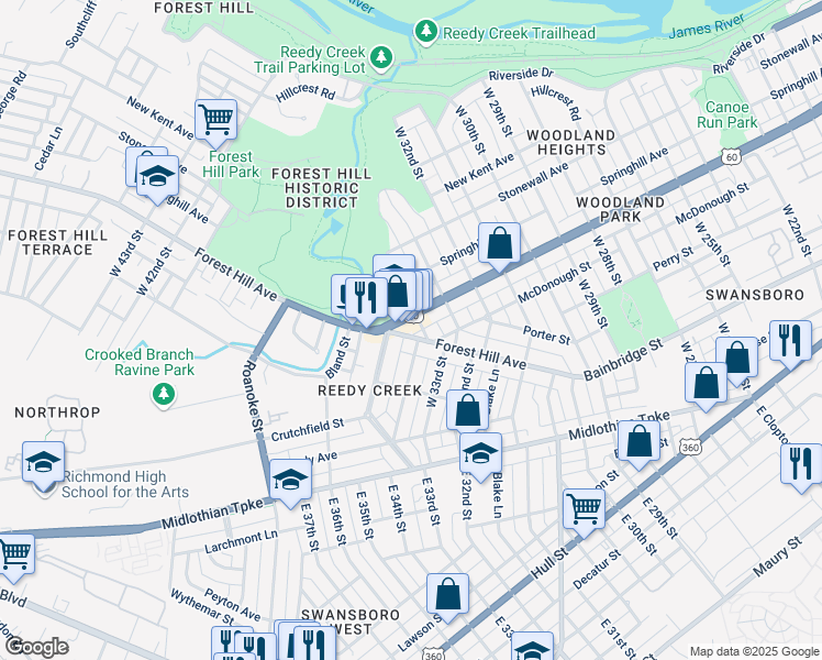map of restaurants, bars, coffee shops, grocery stores, and more near 3405 Forest Hill Avenue in Richmond