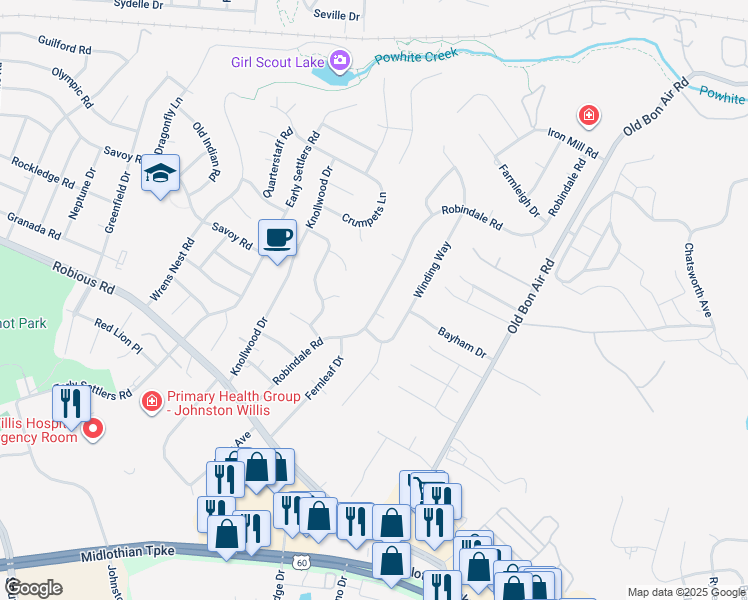 map of restaurants, bars, coffee shops, grocery stores, and more near 1524 Robindale Road in Richmond