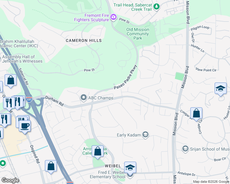 map of restaurants, bars, coffee shops, grocery stores, and more near 44125 Glendora Drive in Fremont