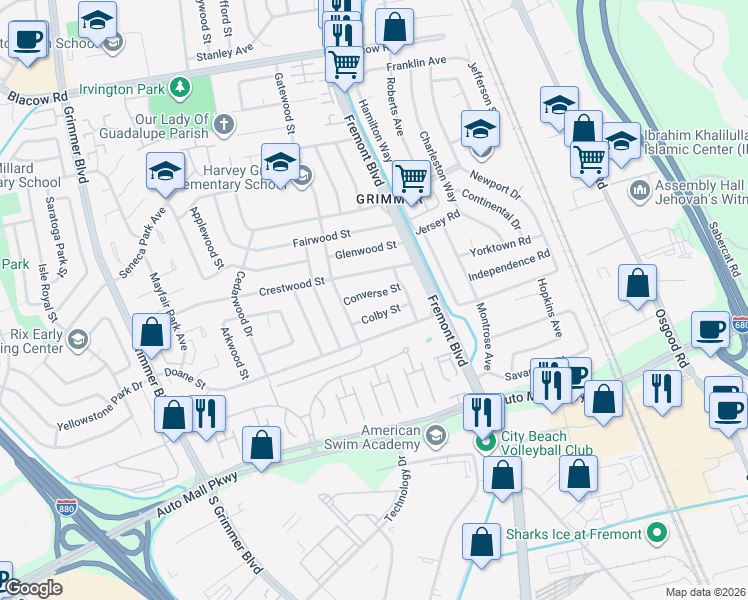 map of restaurants, bars, coffee shops, grocery stores, and more near 4152 Converse Street in Fremont