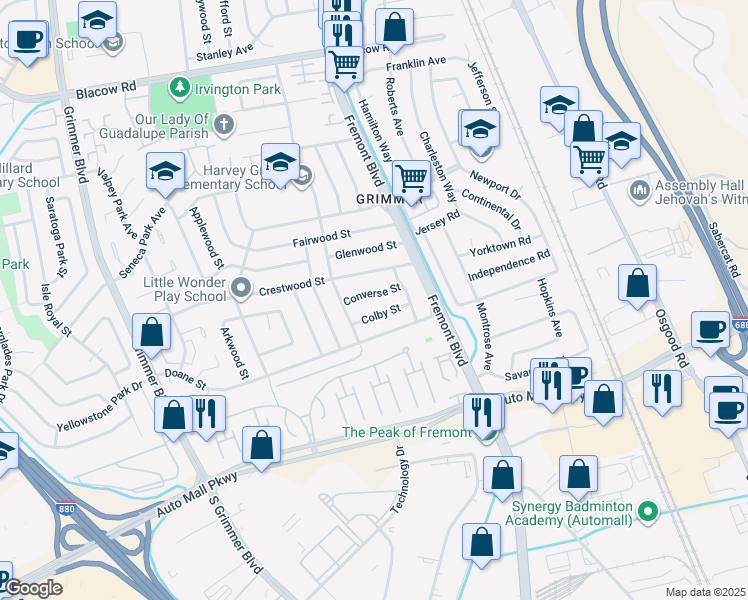 map of restaurants, bars, coffee shops, grocery stores, and more near 4152 Converse Street in Fremont