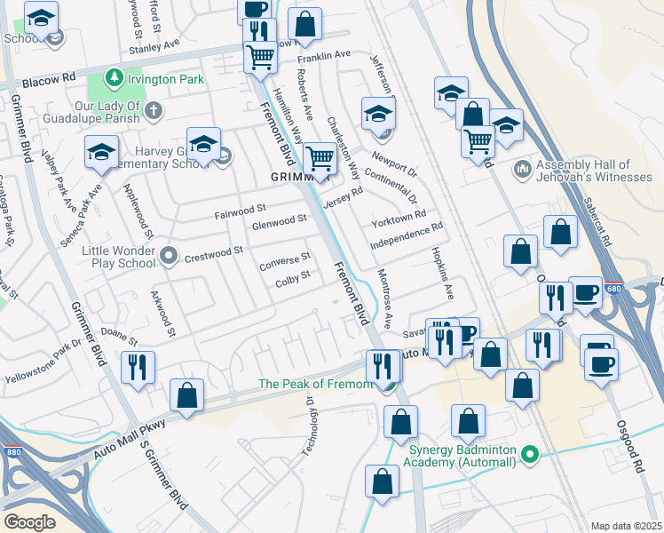 map of restaurants, bars, coffee shops, grocery stores, and more near 43425 Fremont Boulevard in Fremont