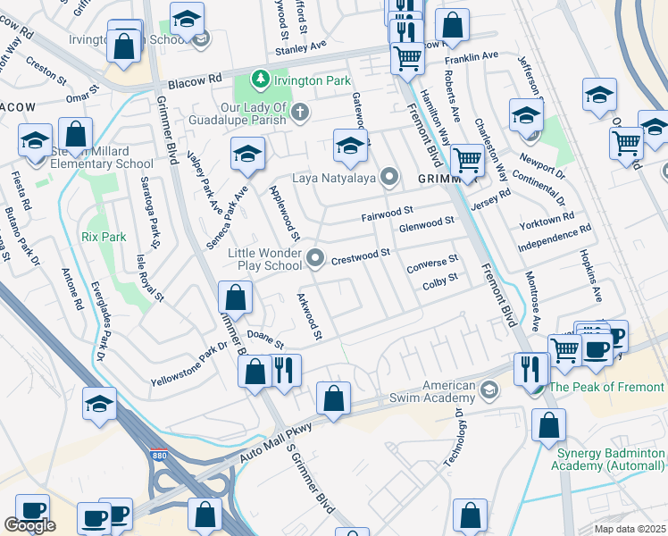 map of restaurants, bars, coffee shops, grocery stores, and more near 4412 Crestwood Street in Fremont