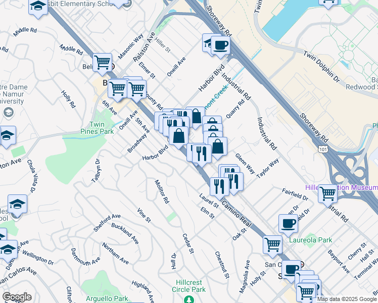 map of restaurants, bars, coffee shops, grocery stores, and more near 1601 California 82 in Belmont