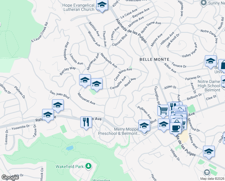 map of restaurants, bars, coffee shops, grocery stores, and more near 2502 Casa Bona Avenue in Belmont