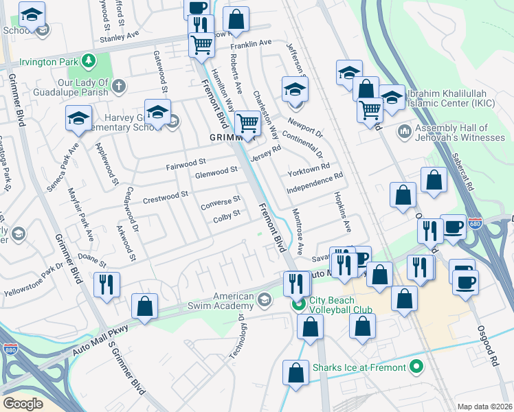 map of restaurants, bars, coffee shops, grocery stores, and more near 43425 Fremont Boulevard in Fremont