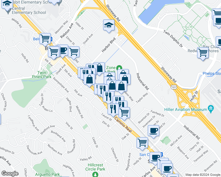 map of restaurants, bars, coffee shops, grocery stores, and more near 221 Old County Road in San Carlos