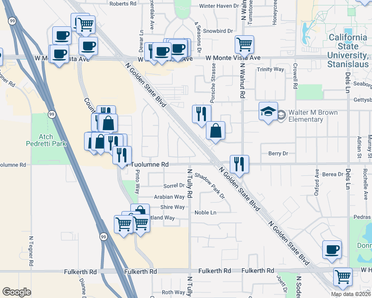 map of restaurants, bars, coffee shops, grocery stores, and more near 2080 State Street in Turlock