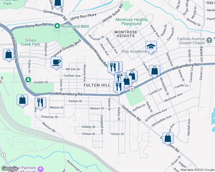 map of restaurants, bars, coffee shops, grocery stores, and more near 1518 Williamsburg Road in Richmond