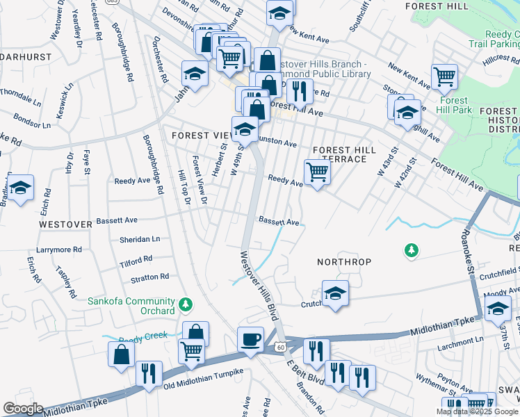 map of restaurants, bars, coffee shops, grocery stores, and more near in Richmond
