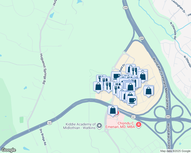 map of restaurants, bars, coffee shops, grocery stores, and more near 151 James View Drive in Midlothian