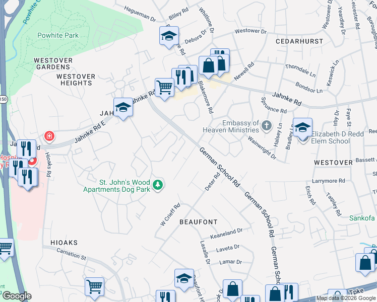 map of restaurants, bars, coffee shops, grocery stores, and more near 6322 Glenway Drive in Richmond
