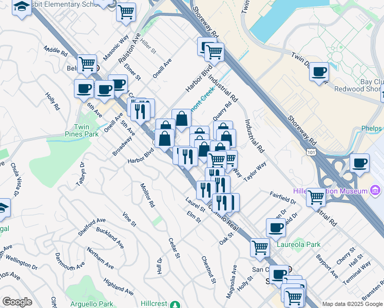 map of restaurants, bars, coffee shops, grocery stores, and more near 221 Old County Road in San Carlos