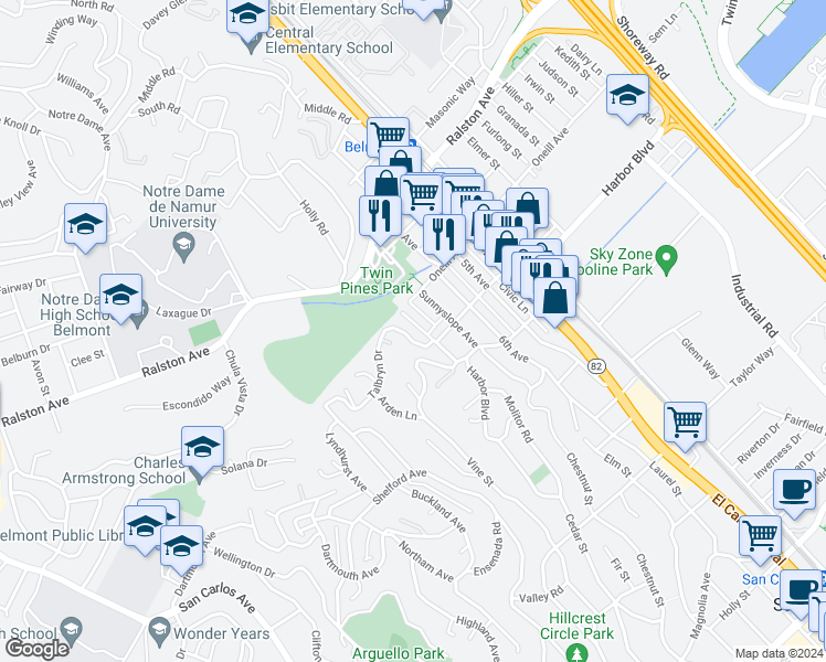 map of restaurants, bars, coffee shops, grocery stores, and more near in Belmont