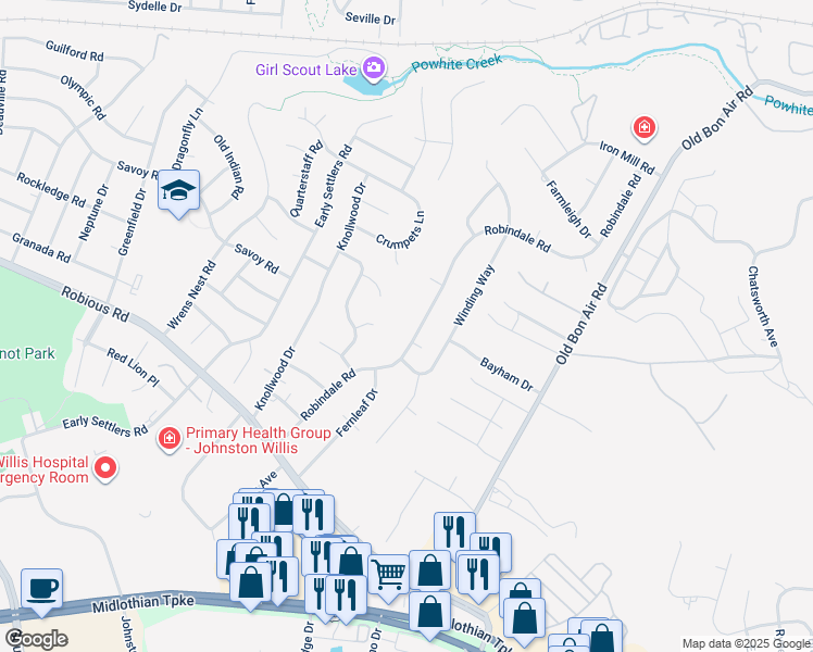 map of restaurants, bars, coffee shops, grocery stores, and more near 1524 Robindale Road in Richmond