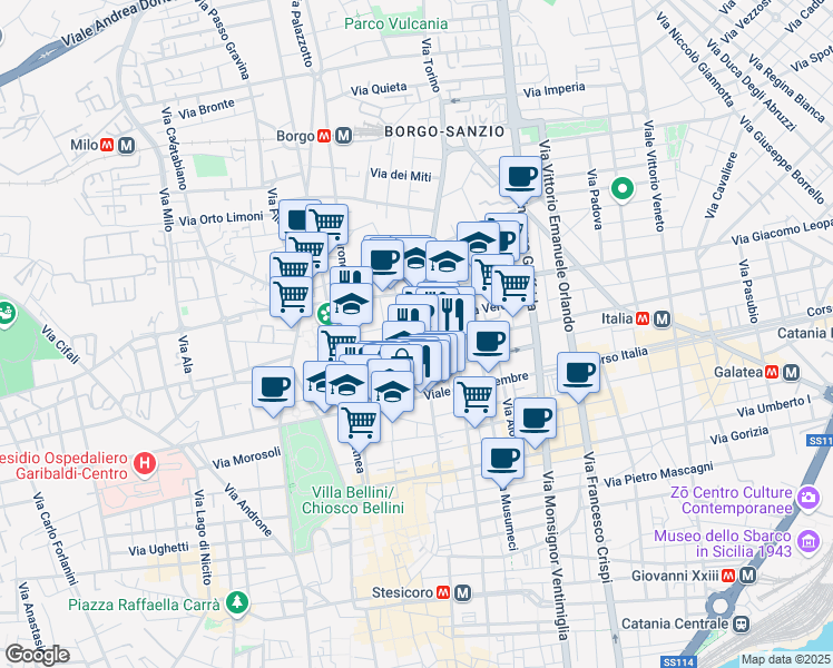 map of restaurants, bars, coffee shops, grocery stores, and more near 14 Largo Rosolino Pilo in Catania