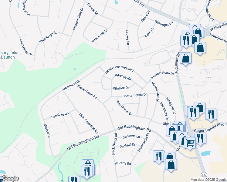 map of restaurants, bars, coffee shops, grocery stores, and more near 11873 Winfore Drive in Midlothian