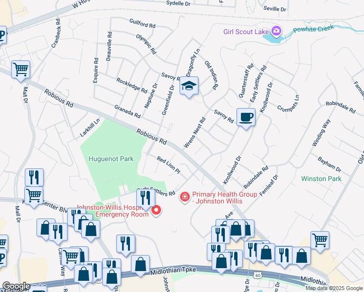 map of restaurants, bars, coffee shops, grocery stores, and more near 1800 Wrens Nest Road in Bon Air