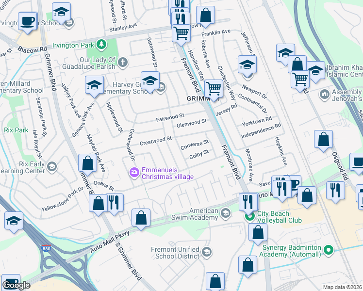map of restaurants, bars, coffee shops, grocery stores, and more near 43414 Lindenwood Street in Fremont