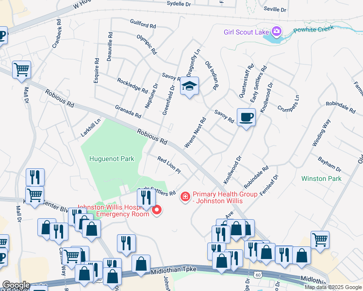 map of restaurants, bars, coffee shops, grocery stores, and more near 1800 Wrens Nest Road in Bon Air