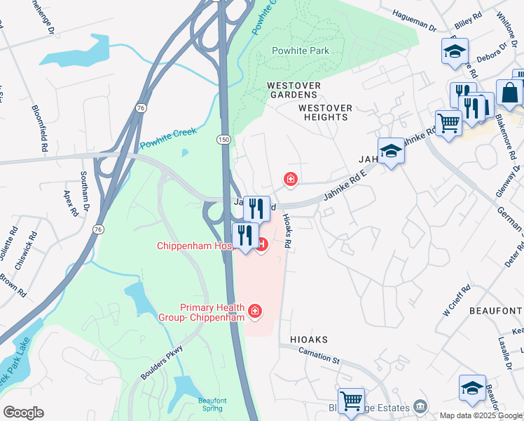 map of restaurants, bars, coffee shops, grocery stores, and more near 7101 Jahnke Road in Richmond