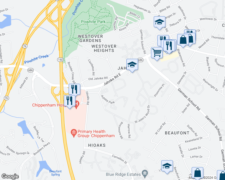 map of restaurants, bars, coffee shops, grocery stores, and more near 1152 Grand Brook Drive in Richmond