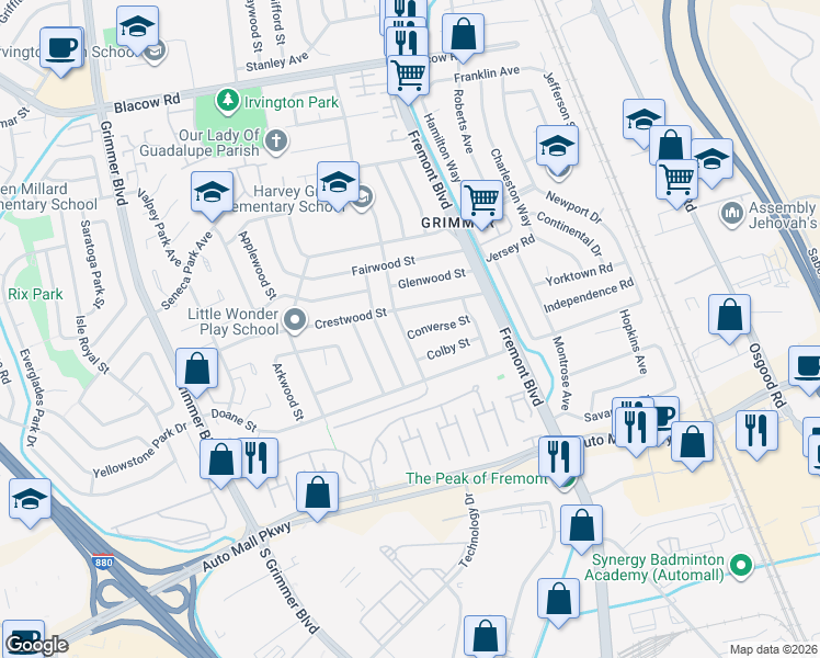 map of restaurants, bars, coffee shops, grocery stores, and more near 43414 Lindenwood Street in Fremont