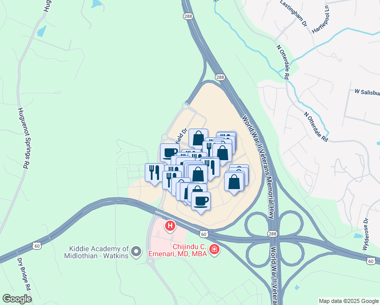 map of restaurants, bars, coffee shops, grocery stores, and more near 15786 WC Main Street in Midlothian