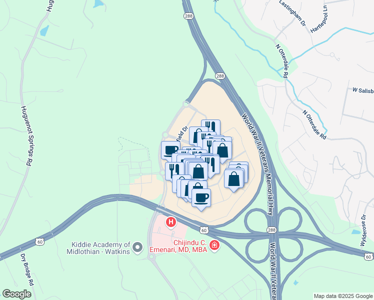 map of restaurants, bars, coffee shops, grocery stores, and more near 15786 WC Main Street in Midlothian
