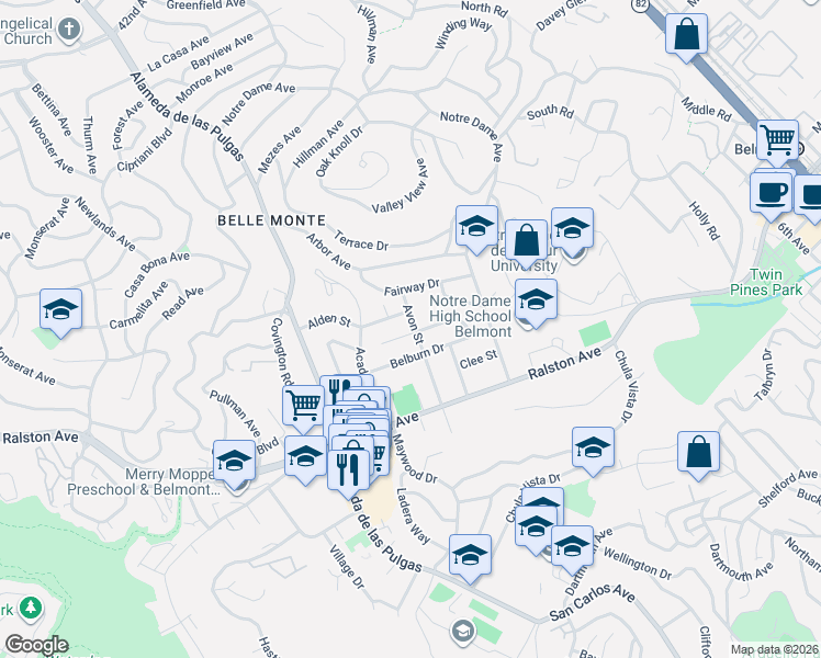 map of restaurants, bars, coffee shops, grocery stores, and more near 1800 Robin Whipple Way in Belmont