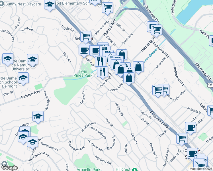 map of restaurants, bars, coffee shops, grocery stores, and more near 1140 Harbor Boulevard in Belmont