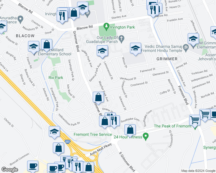 map of restaurants, bars, coffee shops, grocery stores, and more near 4692 Wildwood Park Court in Fremont