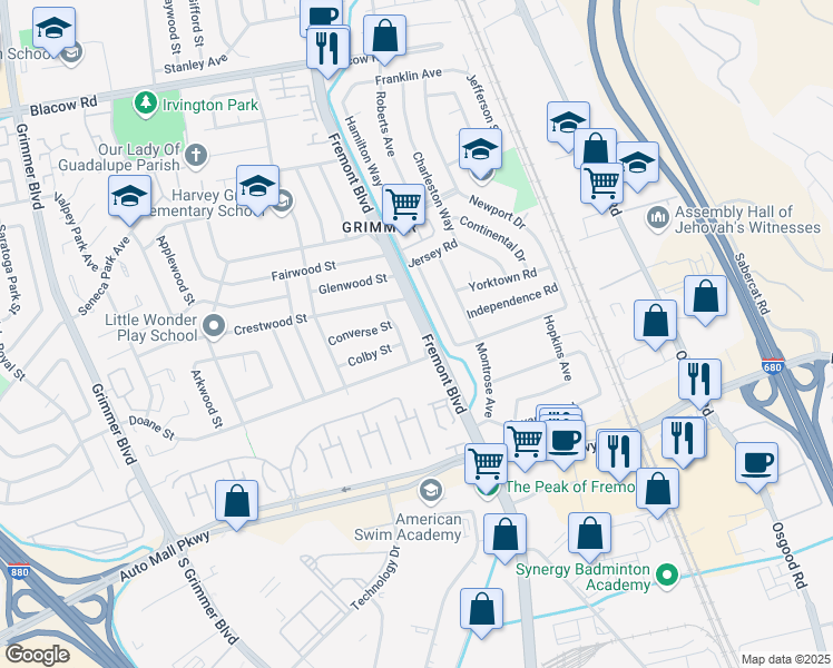 map of restaurants, bars, coffee shops, grocery stores, and more near 43373 Fremont Boulevard in Fremont