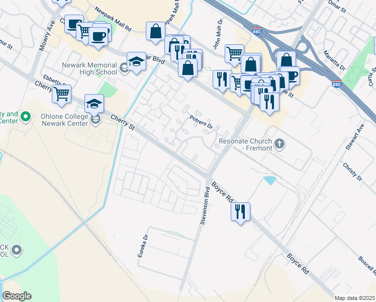 map of restaurants, bars, coffee shops, grocery stores, and more near 6206 Buena Vista Drive in Newark