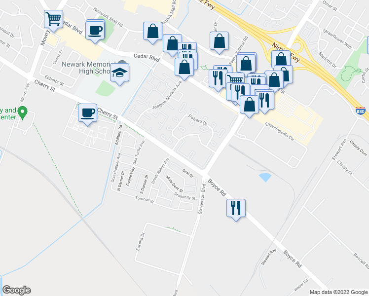 map of restaurants, bars, coffee shops, grocery stores, and more near 39708 Seal Drive in Newark
