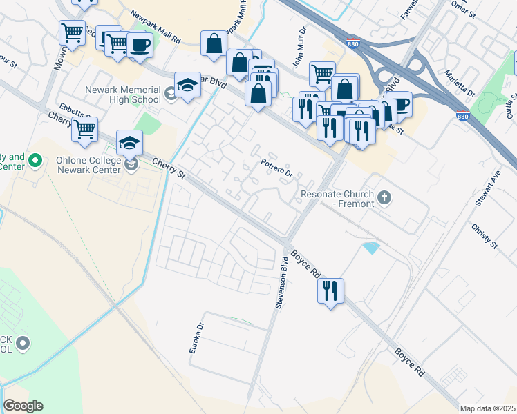 map of restaurants, bars, coffee shops, grocery stores, and more near 6204 Buena Vista Drive in Newark