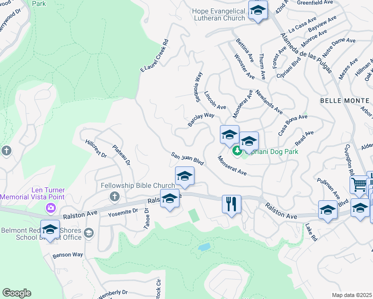 map of restaurants, bars, coffee shops, grocery stores, and more near 2827 San Ardo Way in Belmont