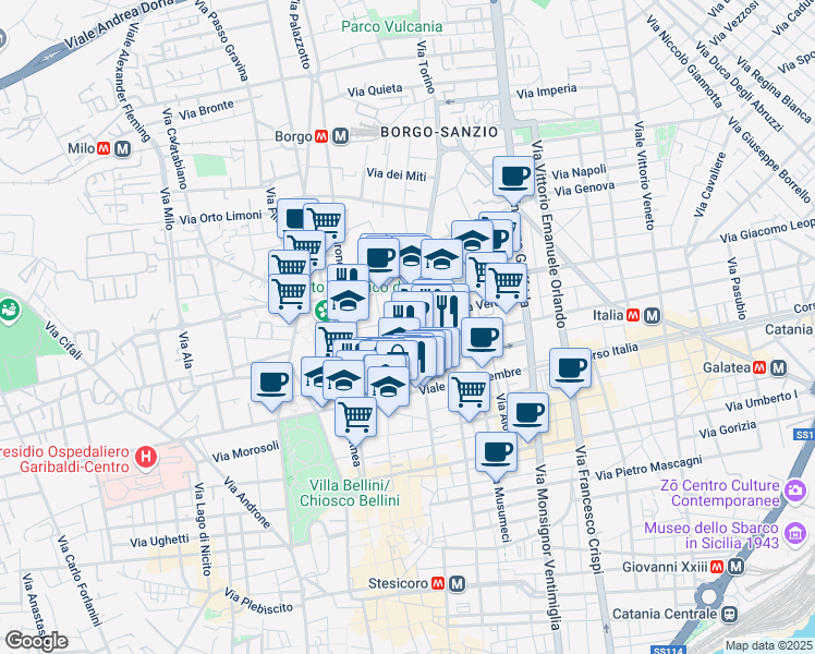 map of restaurants, bars, coffee shops, grocery stores, and more near 14 Largo Rosolino Pilo in Catania
