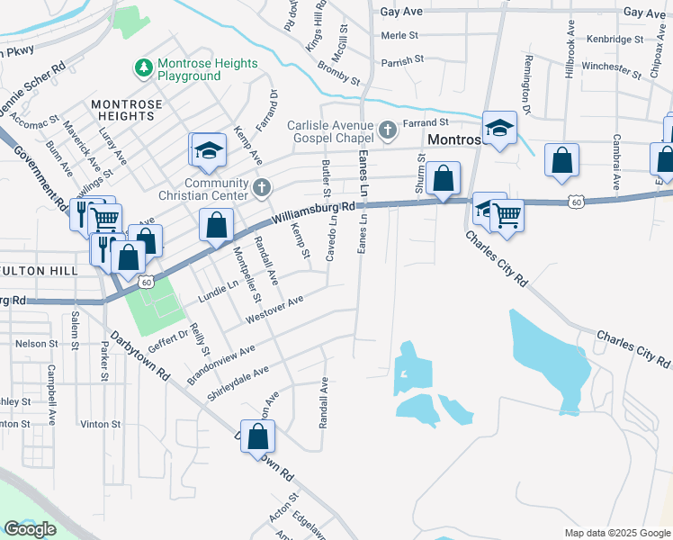 map of restaurants, bars, coffee shops, grocery stores, and more near 5121 Cavedo Lane in Henrico