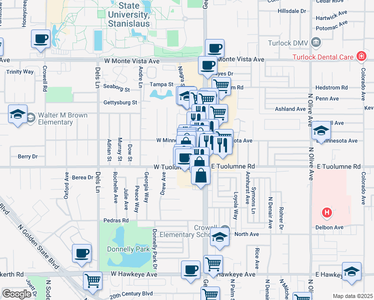 map of restaurants, bars, coffee shops, grocery stores, and more near 2425 Geer Road in Turlock