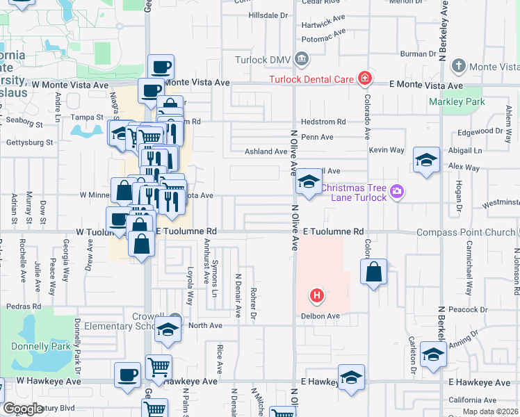 map of restaurants, bars, coffee shops, grocery stores, and more near 631 East Tuolumne Road in Turlock