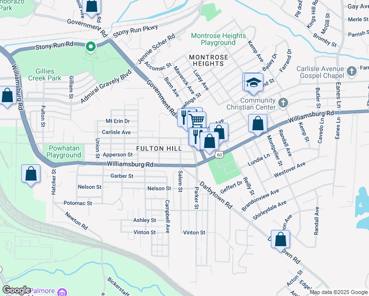 map of restaurants, bars, coffee shops, grocery stores, and more near 1602 National Street in Richmond