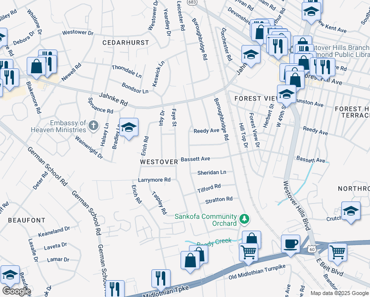 map of restaurants, bars, coffee shops, grocery stores, and more near 816 Byswick Lane in Richmond