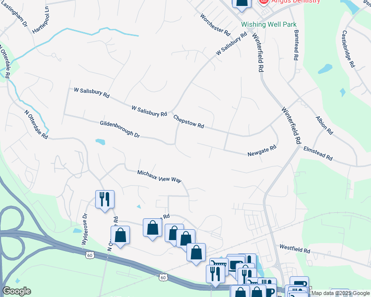map of restaurants, bars, coffee shops, grocery stores, and more near 1813 Gildenborough Court in Midlothian