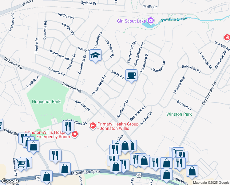 map of restaurants, bars, coffee shops, grocery stores, and more near 10617 Honey Tree Road in Richmond
