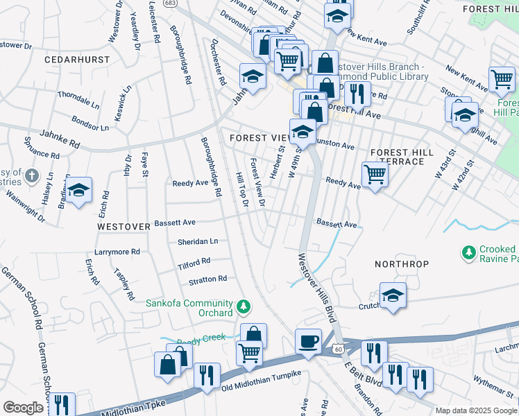 map of restaurants, bars, coffee shops, grocery stores, and more near 800 Forest View Drive in Richmond